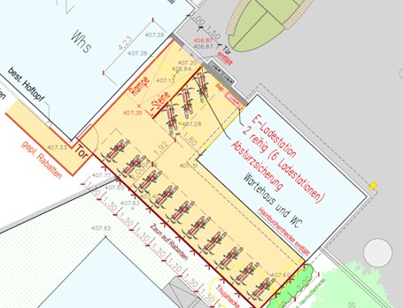 Skizze: E-Ladestation und Fahrradabstellplatz